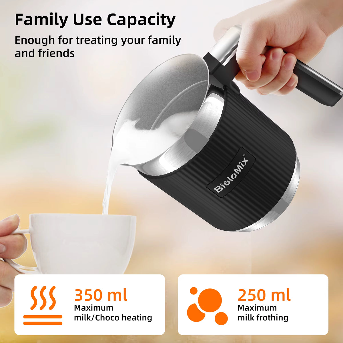 Biolomix Detachable Milk Frother and Steamer, 5-In-1 Automatic Hot/Cold Foam and Hot Chocolate Maker, Dishwasher Safe
