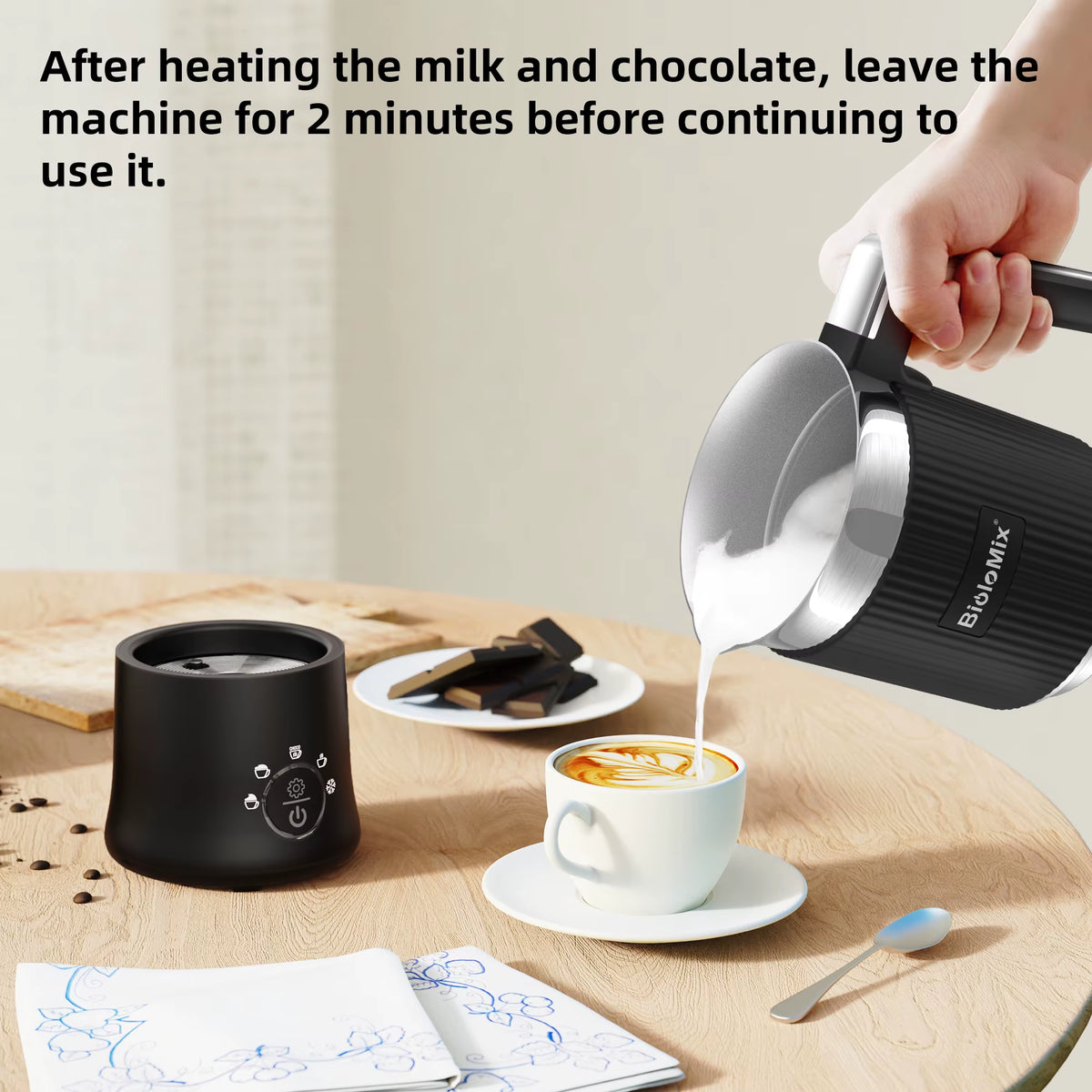 Biolomix Detachable Milk Frother and Steamer, 5-In-1 Automatic Hot/Cold Foam and Hot Chocolate Maker, Dishwasher Safe